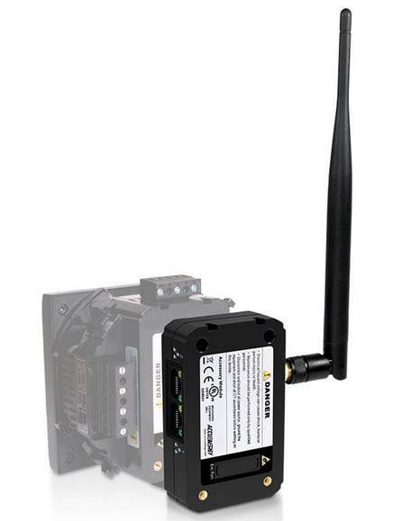 AXM-WEB2 | Weschler Instruments Black wireless RF module with a long external antenna attached to a compact control unit.